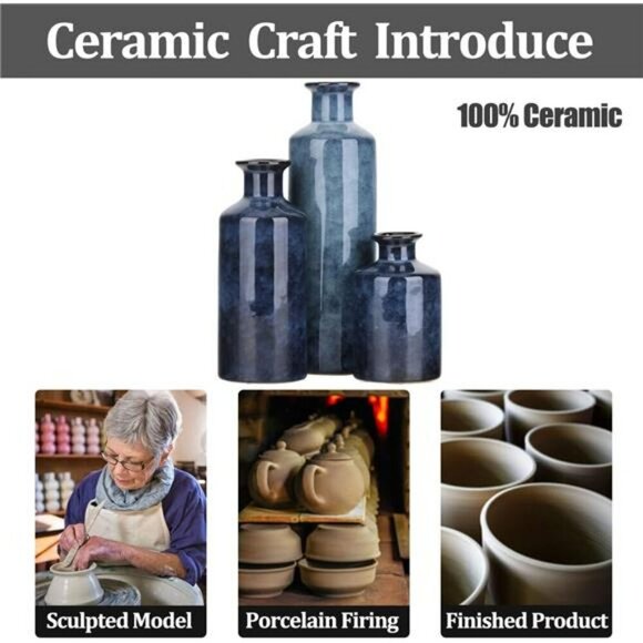 Blue Ceramic Vase Set of 3 Small Modern Farmhouse Decor Table Centerpiece - Picture 3 of 8